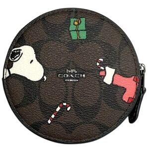 Coach Coin Case Signature PEANUTS CF245 COACH PVC Leather Brown Black Unisex